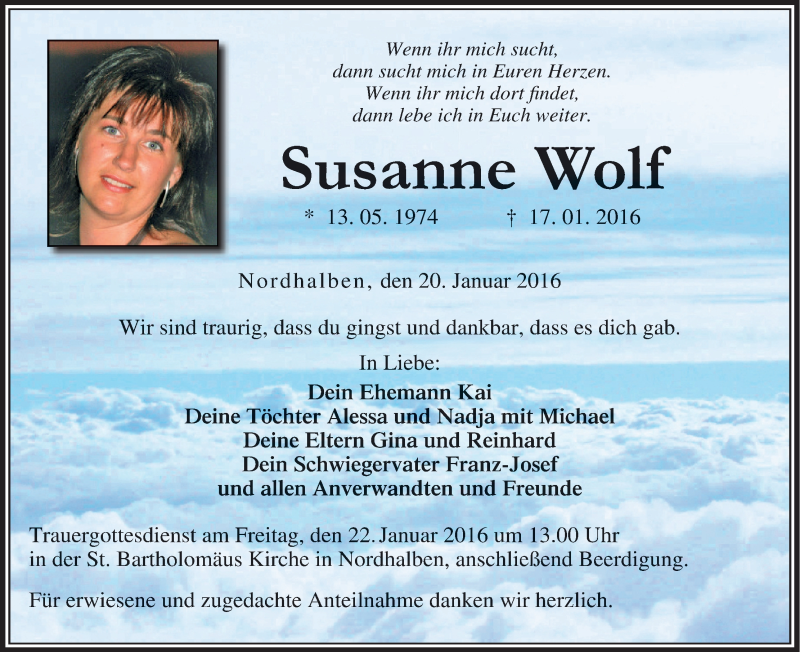  Traueranzeige für Susanne Wolf vom 20.01.2016 aus MGO