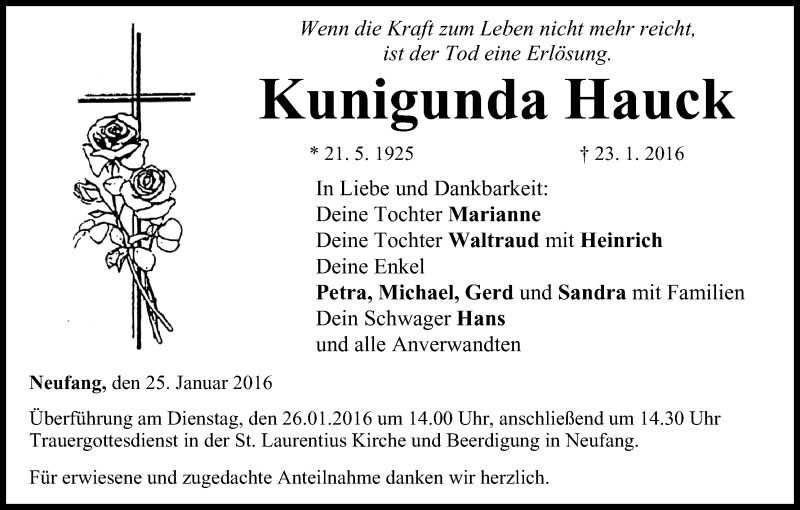  Traueranzeige für Kunigunda Hauck vom 25.01.2016 aus MGO
