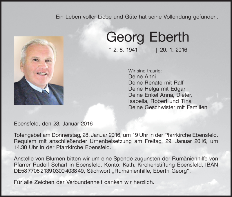  Traueranzeige für Georg Eberth vom 23.01.2016 aus MGO