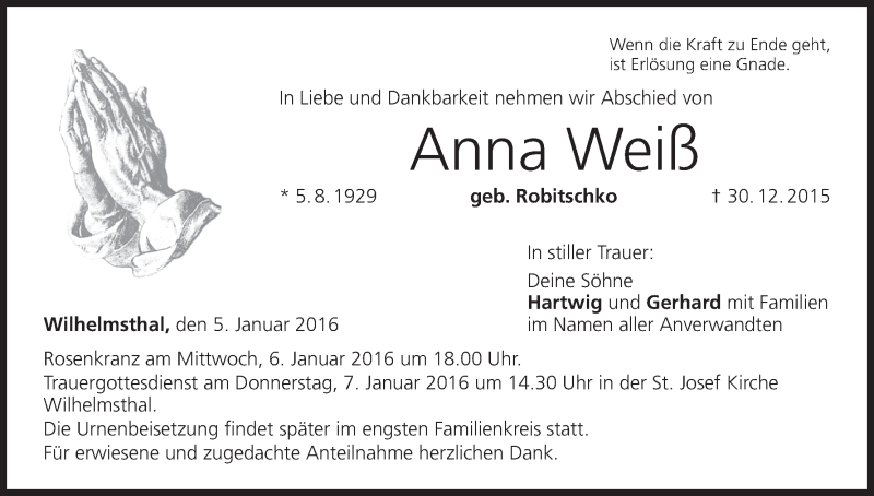 Traueranzeige für Anna Weiß vom 05.01.2016 aus MGO