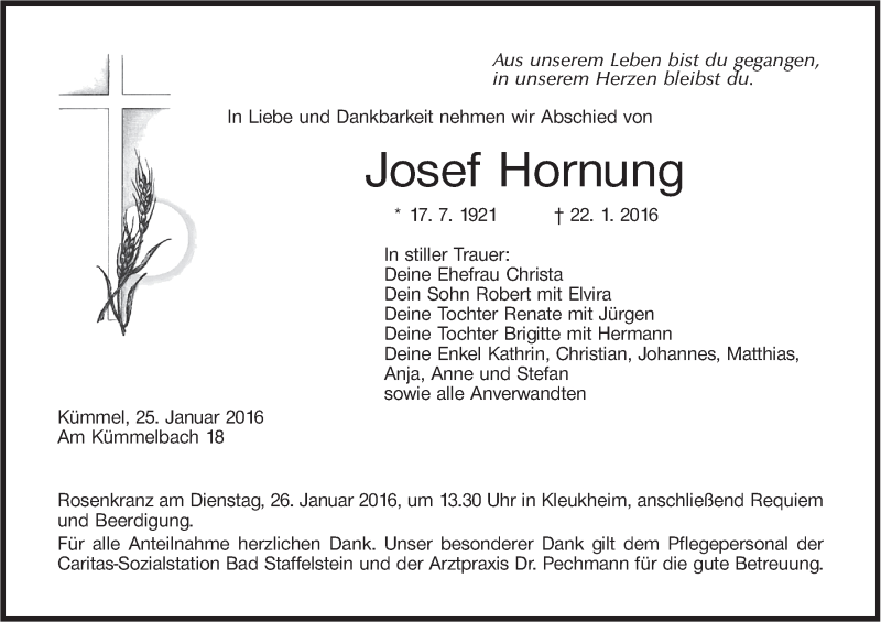  Traueranzeige für Josef Hornung vom 25.01.2016 aus MGO