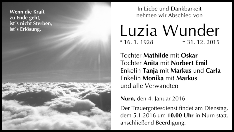  Traueranzeige für Luzia Wunder vom 04.01.2016 aus MGO