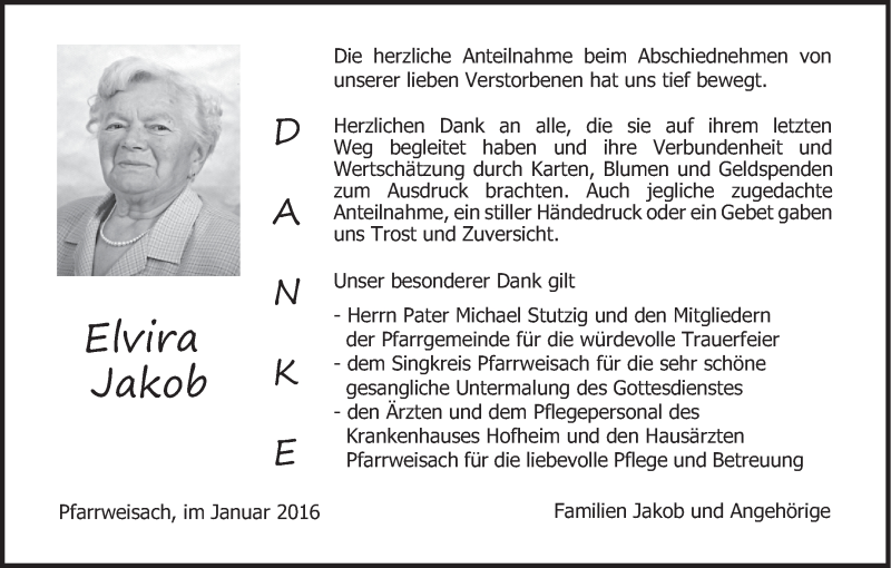  Traueranzeige für Elvira Jakob vom 23.01.2016 aus MGO