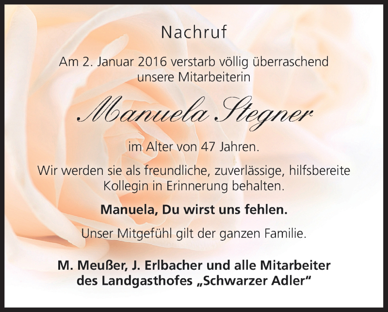  Traueranzeige für Manuela Stegner vom 16.01.2016 aus MGO