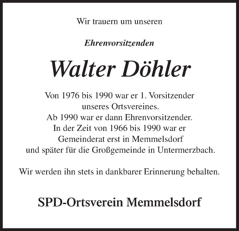  Traueranzeige für Walter Döhler vom 02.01.2016 aus MGO