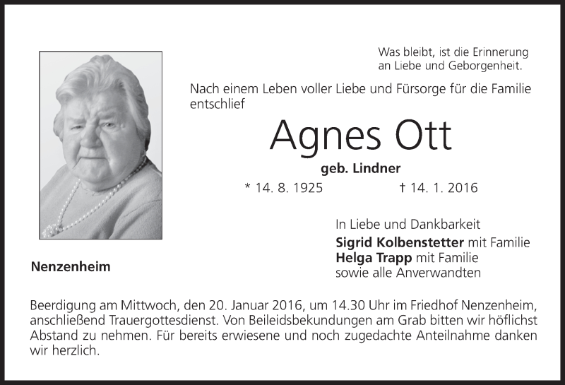  Traueranzeige für Agnes Ott vom 18.01.2016 aus MGO