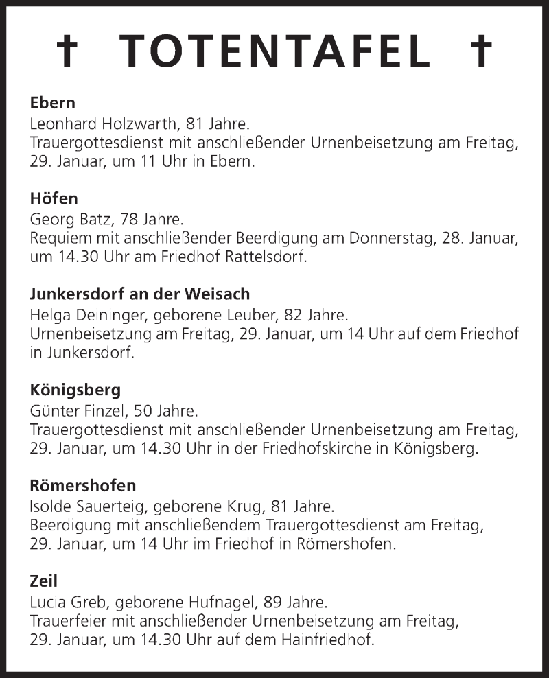  Traueranzeige für Totentafel vom 28.01.2016 vom 28.01.2016 aus MGO