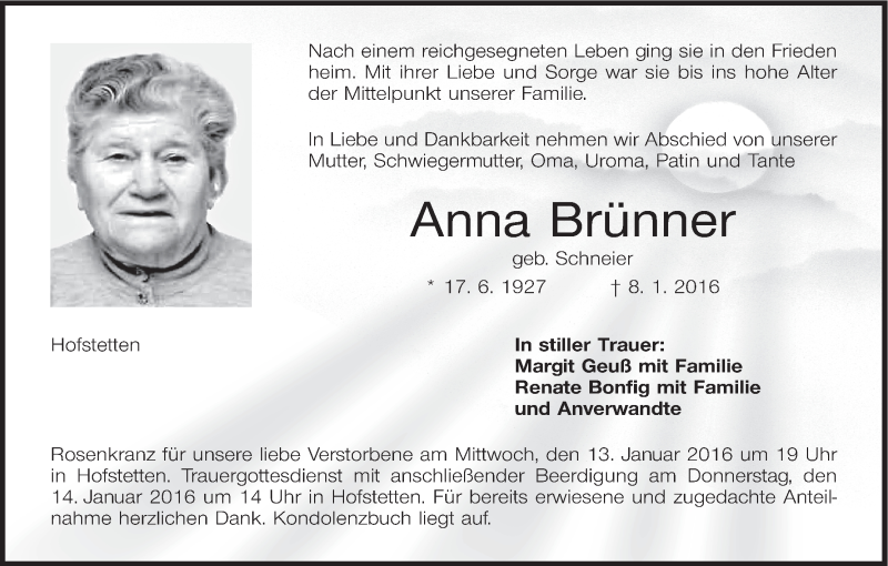  Traueranzeige für Anna Brünner vom 12.01.2016 aus MGO