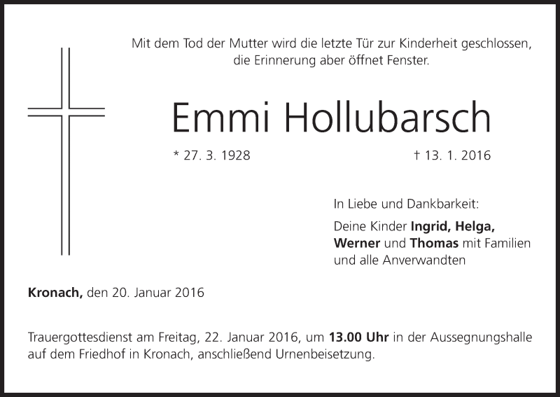  Traueranzeige für Emmi Hollubarsch vom 20.01.2016 aus MGO