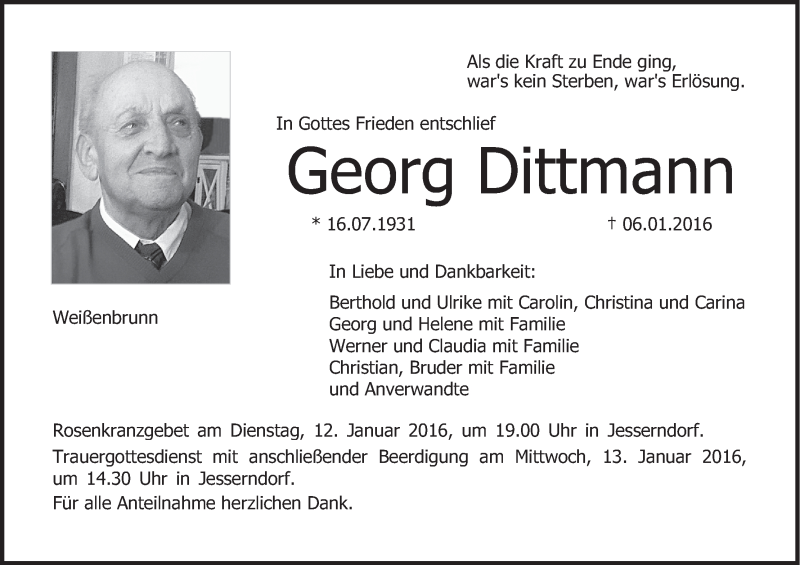  Traueranzeige für Georg Dittmann vom 09.01.2016 aus MGO