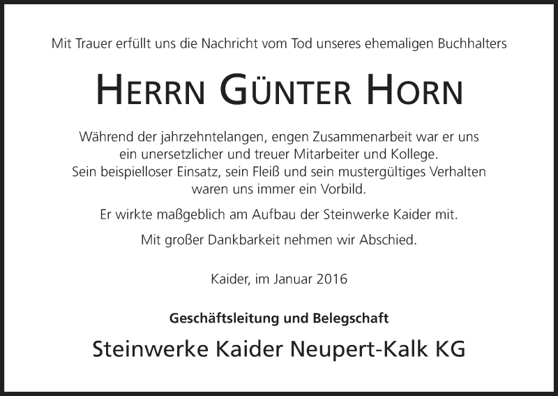  Traueranzeige für Günter Horn vom 21.01.2016 aus MGO