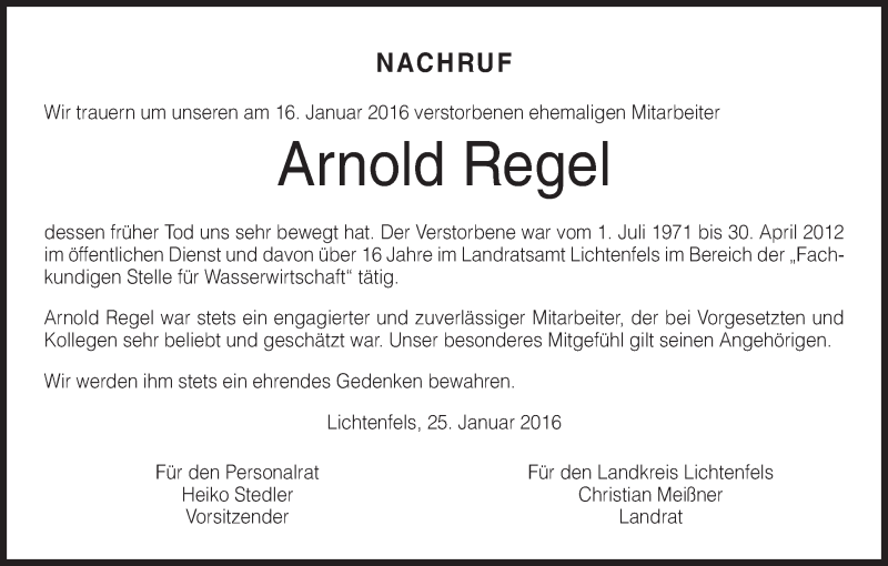  Traueranzeige für Arnold Regel vom 26.01.2016 aus MGO