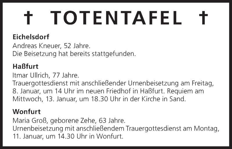  Traueranzeige für Totentafel vom 06.01.2016 vom 06.01.2016 aus MGO