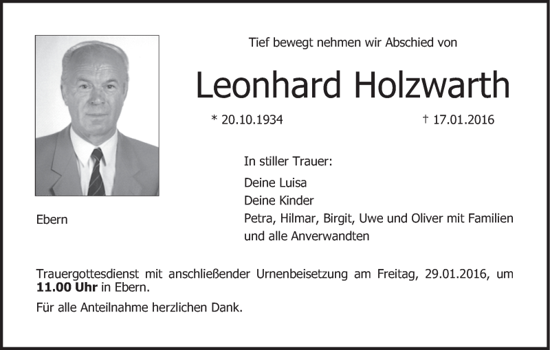  Traueranzeige für Leonhard Holzwarth vom 27.01.2016 aus MGO