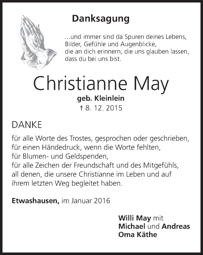  Traueranzeige für Christianne May vom 30.01.2016 aus MGO