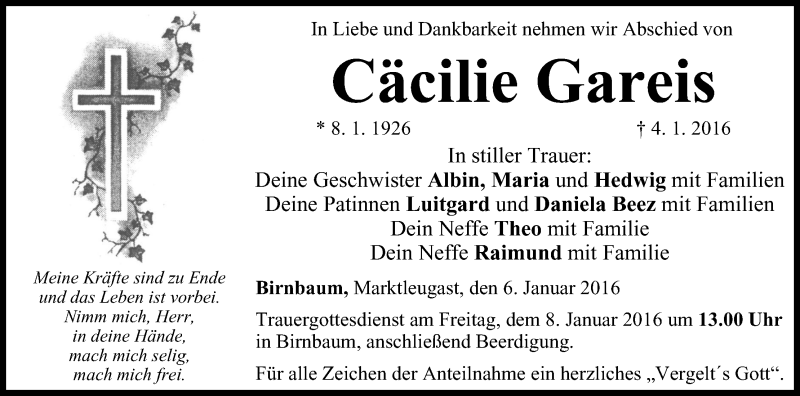  Traueranzeige für Cäcilie Gareis vom 06.01.2016 aus MGO