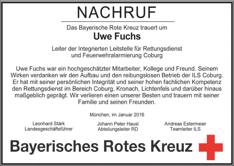 Traueranzeige für Uwe Fuchs vom 06.01.2016 aus MGO
