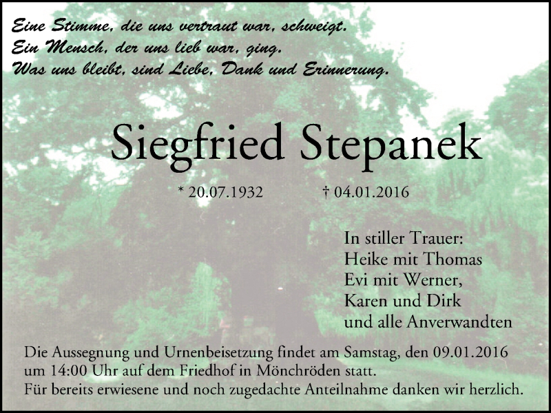  Traueranzeige für Siegfried Stepanek vom 09.01.2016 aus MGO