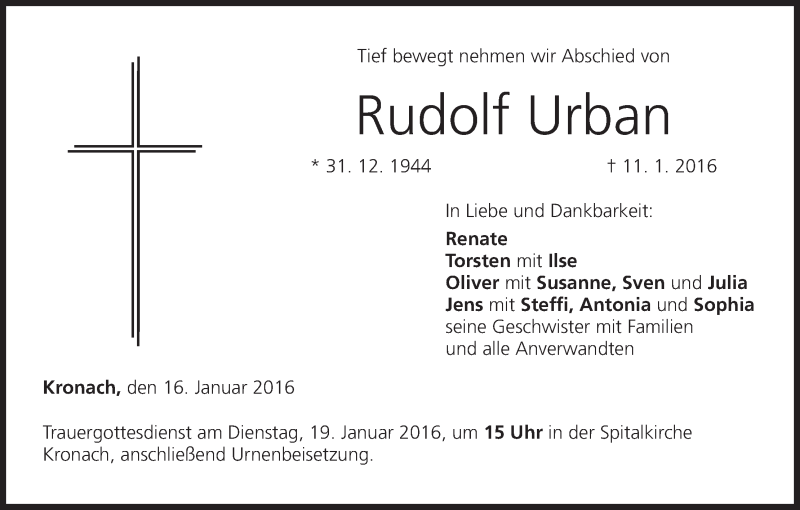  Traueranzeige für Rudolf Urban vom 16.01.2016 aus MGO