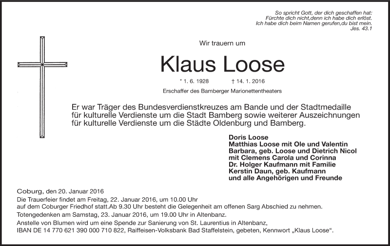  Traueranzeige für Klaus Loose vom 20.01.2016 aus MGO