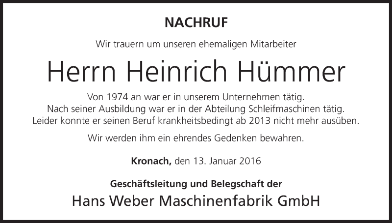  Traueranzeige für Heinrich Hümmer vom 13.01.2016 aus MGO