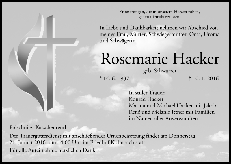  Traueranzeige für Rosemarie Hacker vom 16.01.2016 aus MGO