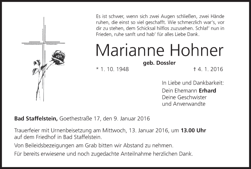  Traueranzeige für Marianne Hohner vom 09.01.2016 aus MGO