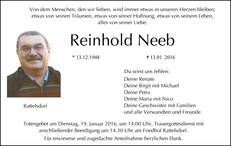  Traueranzeige für Reinhold Neeb vom 16.01.2016 aus MGO
