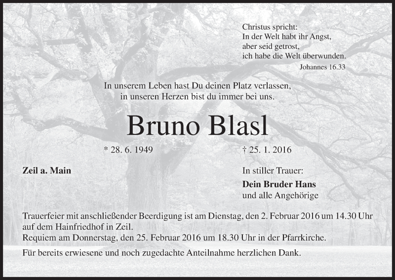  Traueranzeige für Bruno Blasl vom 30.01.2016 aus MGO