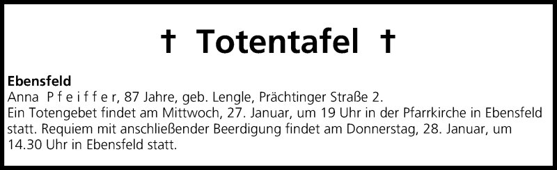 Traueranzeige für Totentafel vom 27.01.2016 vom 27.01.2016 aus MGO