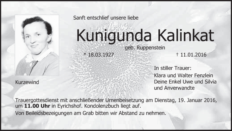  Traueranzeige für Kunigunda Kalinkat vom 16.01.2016 aus MGO