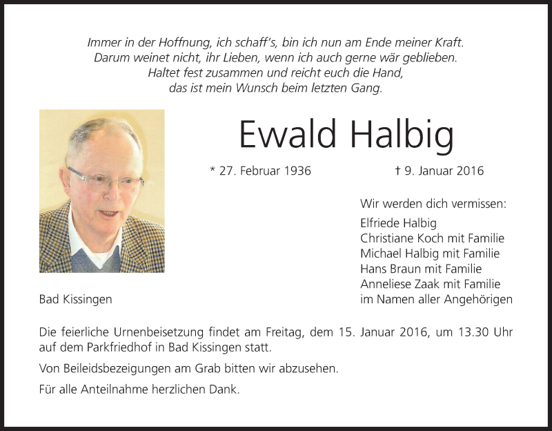  Traueranzeige für Ewald Halbig vom 12.01.2016 aus MGO