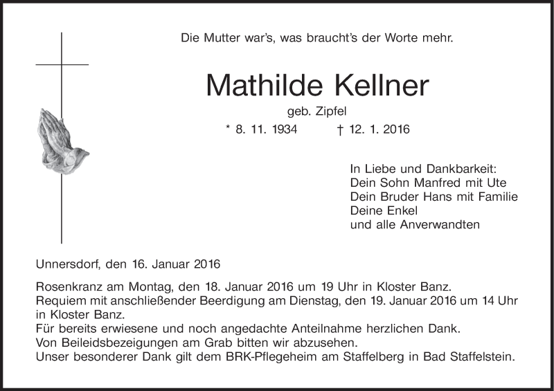  Traueranzeige für Mathilde Kellner vom 16.01.2016 aus MGO