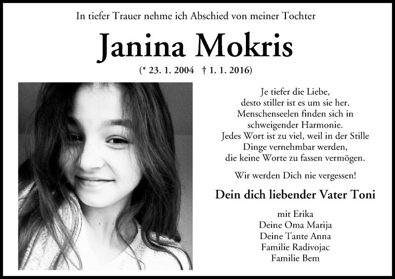 Traueranzeige für Janina Mokris vom 06.01.2016 aus MGO