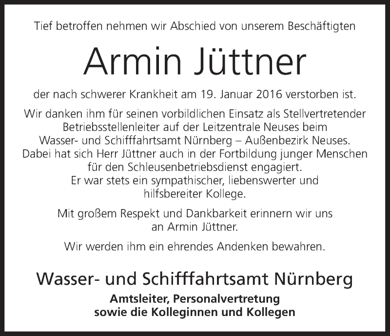  Traueranzeige für Armin Jüttner vom 27.01.2016 aus MGO