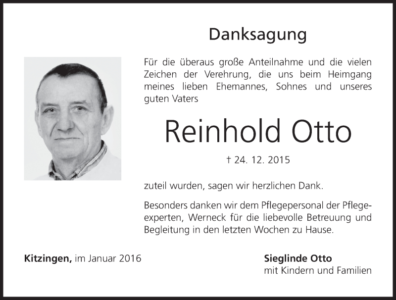  Traueranzeige für Reinhold Otto vom 16.01.2016 aus MGO