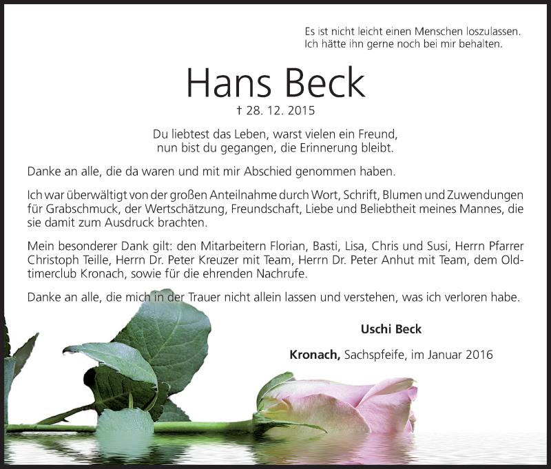 Traueranzeige für Hans Beck vom 16.01.2016 aus MGO
