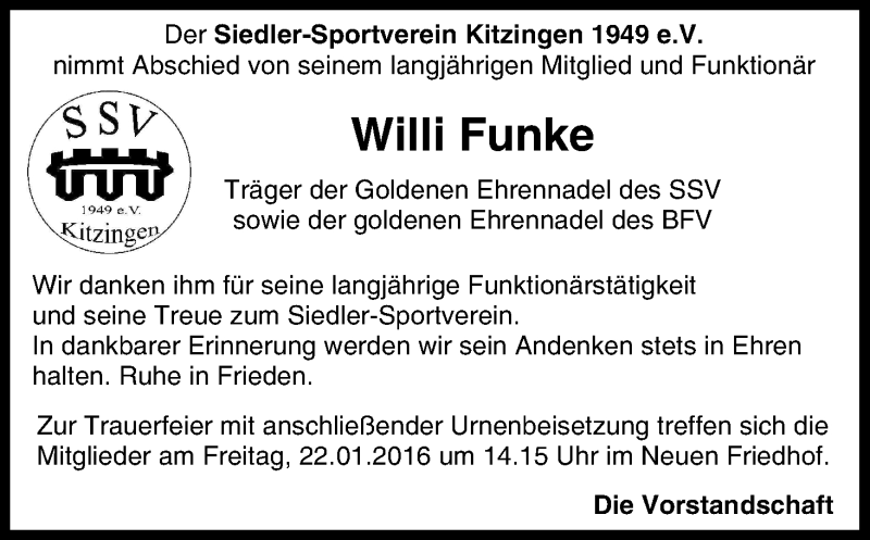  Traueranzeige für Willi Funke vom 21.01.2016 aus MGO