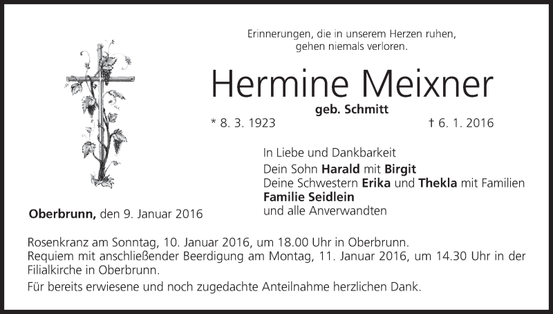  Traueranzeige für Hermine Meixner vom 09.01.2016 aus MGO