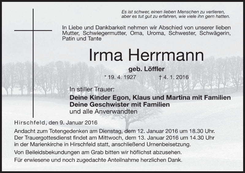  Traueranzeige für Irma Herrmann vom 09.01.2016 aus MGO