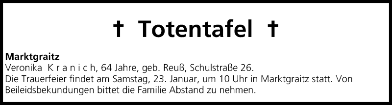  Traueranzeige für Totentafel vom 23.01.2016 vom 23.01.2016 aus MGO