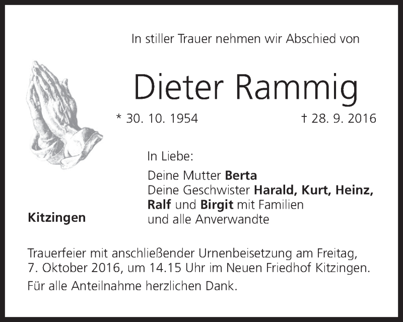  Traueranzeige für Dieter Rammig vom 05.10.2016 aus MGO