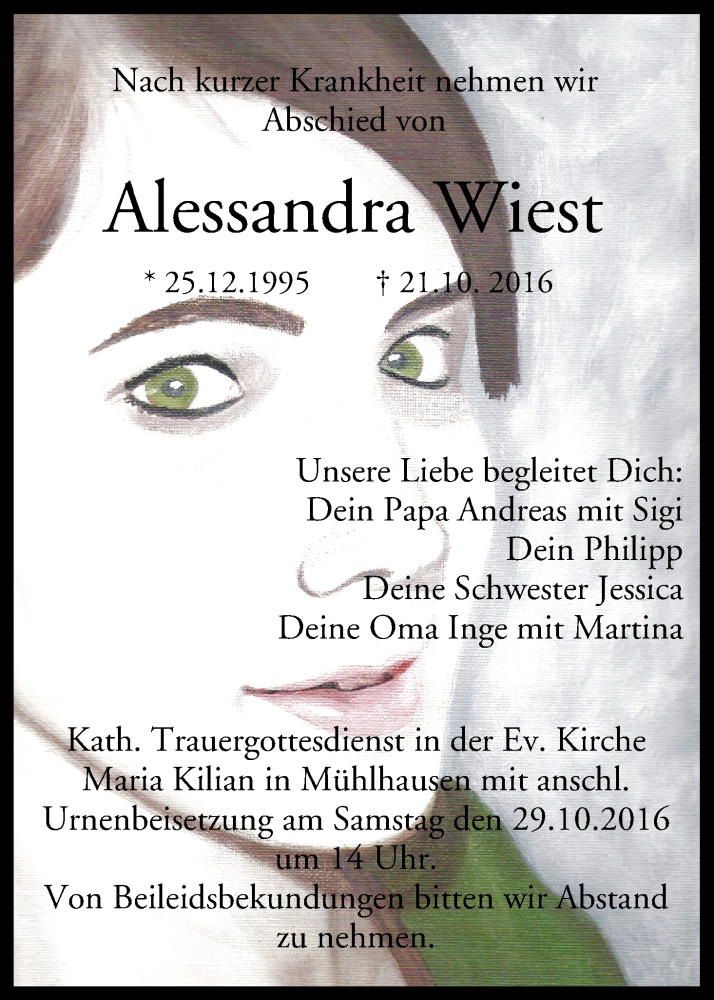  Traueranzeige für Alessandra Wiest vom 26.10.2016 aus MGO