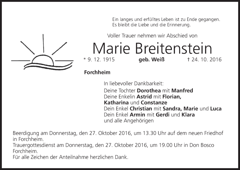  Traueranzeige für Marie Breitenstein vom 26.10.2016 aus MGO