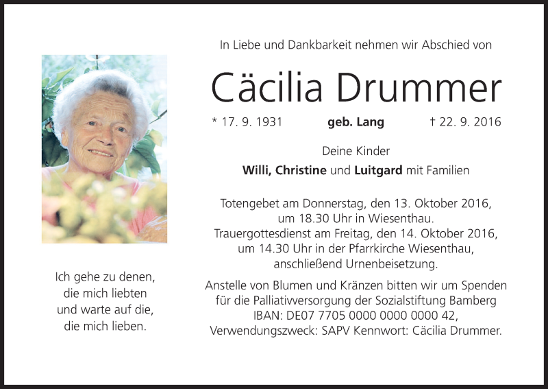  Traueranzeige für Cäcilia Drummer vom 08.10.2016 aus MGO