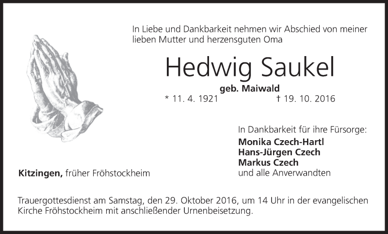  Traueranzeige für Hedwig Saukel vom 26.10.2016 aus MGO