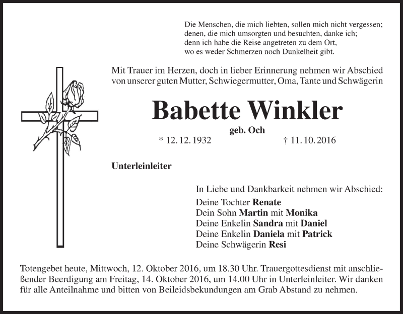  Traueranzeige für Babette Winkler vom 12.10.2016 aus MGO