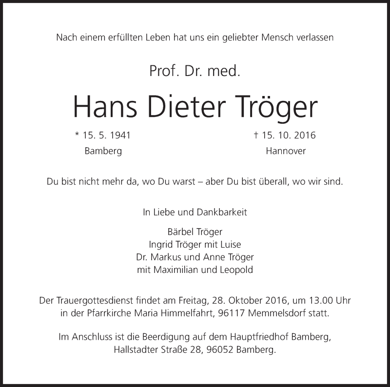  Traueranzeige für Hans Dieter Tröger vom 22.10.2016 aus MGO