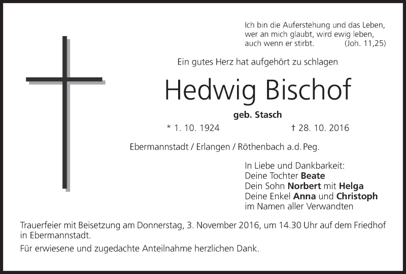  Traueranzeige für Hedwig Bischof vom 31.10.2016 aus MGO