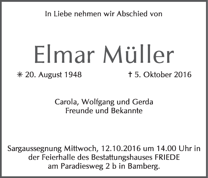  Traueranzeige für Elmar Müller vom 08.10.2016 aus MGO